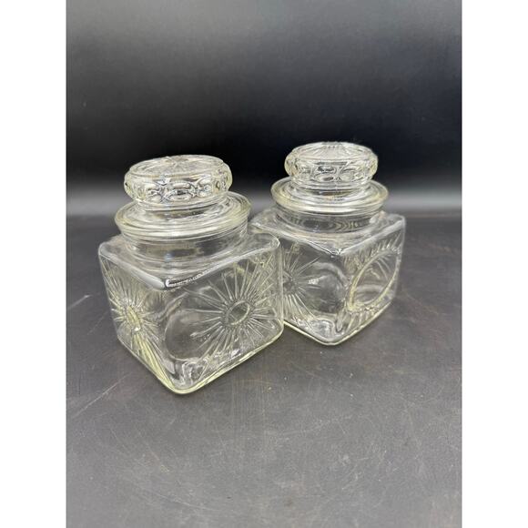 Vintage Square Sunburst Lidded Glass Vanity Jars - Set of 2 - Picture 6 of 8